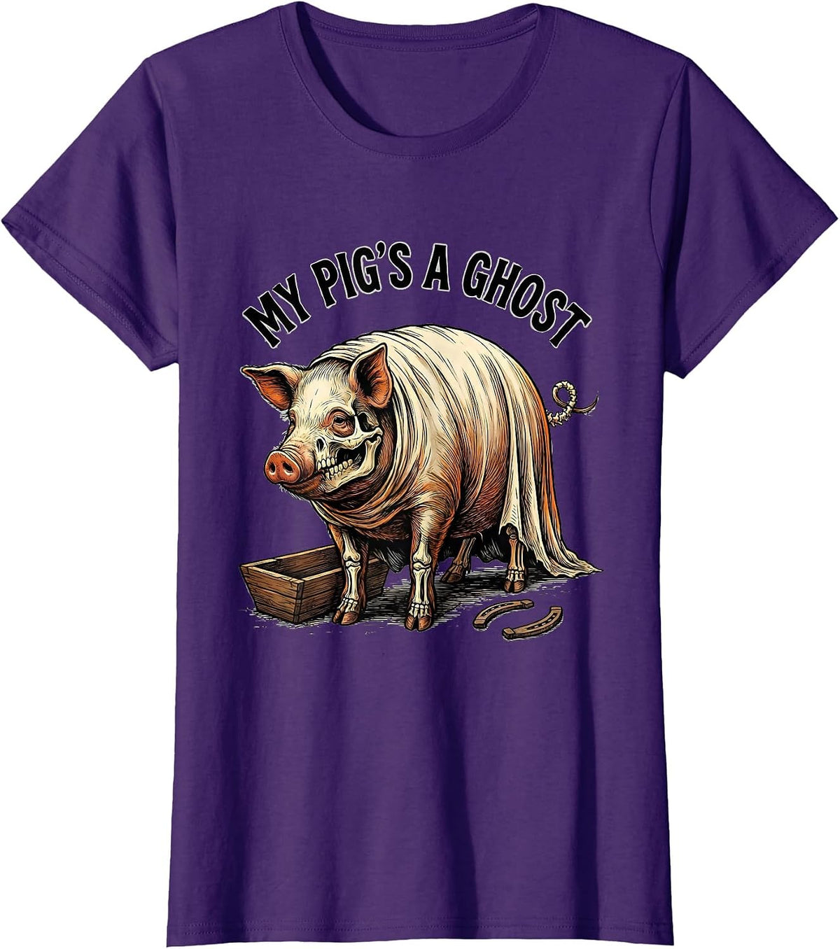 Women's My Pig's a Ghost Western Cowboy Skeleton Halloween Humor T-Shirt - Purple
