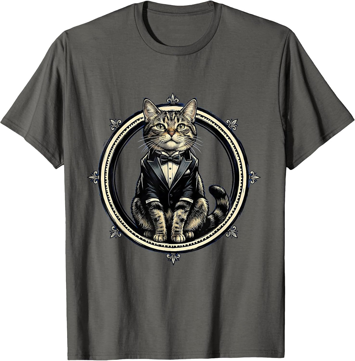 Dapper Cat in Miniature Tuxedo Illustration T-Shirt - Asphalt Grey