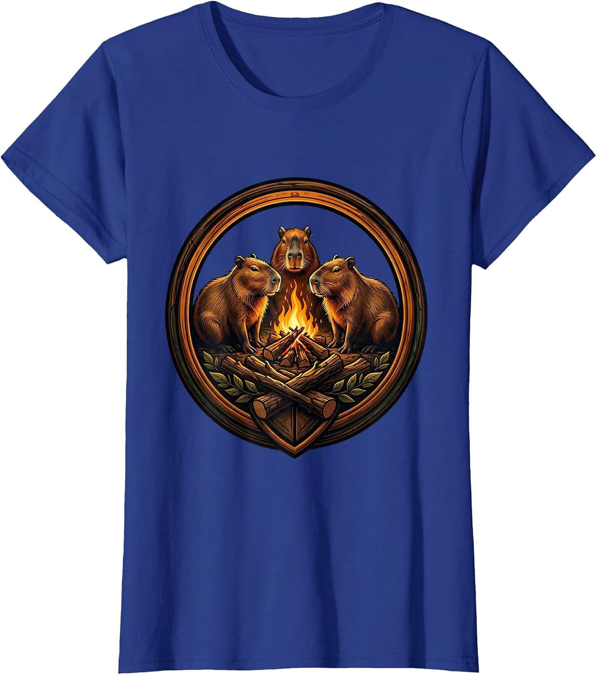 Women's Capybaras Around the Campfire Illustrated Design T-Shirt - Royal Blue