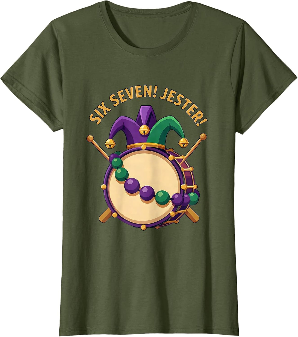 Women's Six Seven! Jester Mardi Gras Carnival Meme Kids Humor T-Shirt - Olive Green