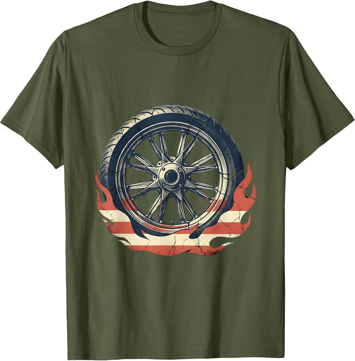 Men's Patriotic Motorcycle Wheel Flag Flame Graphic T-Shirt - Olive Green