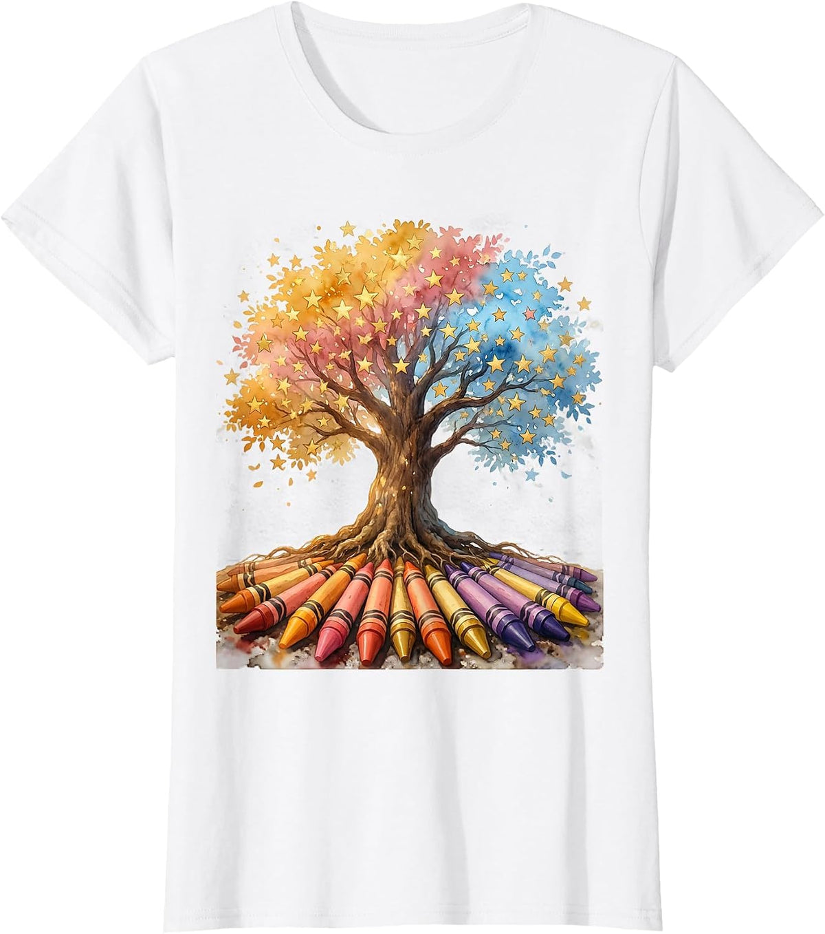 Special Education Teacher Crayon Tree Stars Design T-Shirt - White