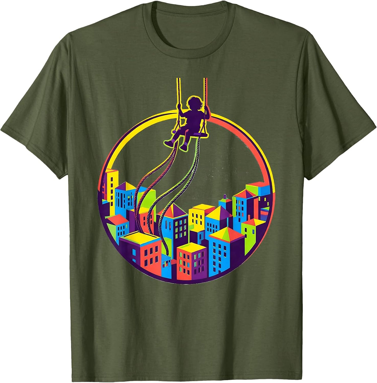Autism Awareness Child Swinging Over Cityscape T-Shirt - Olive Green