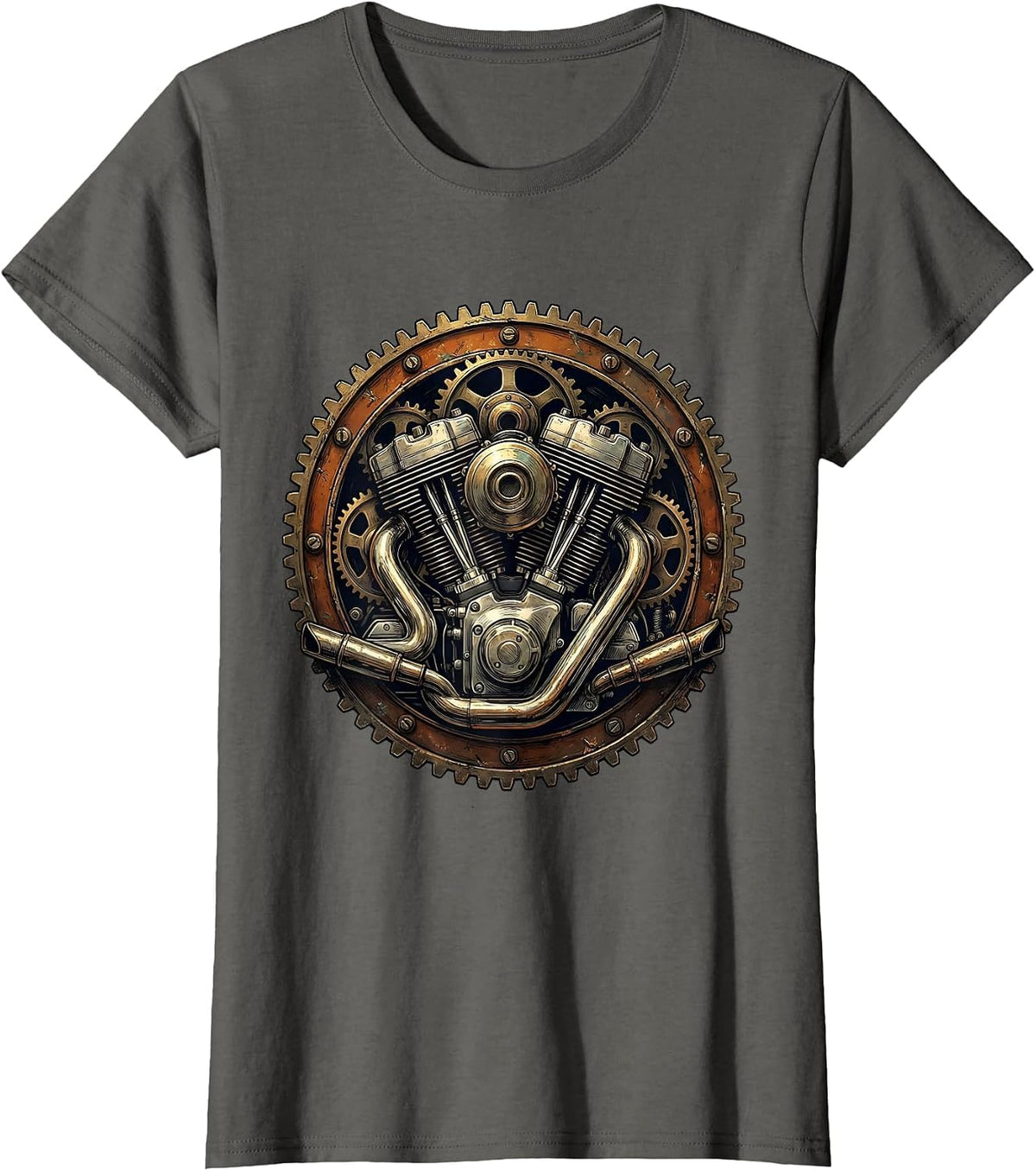 Women's Vintage Old Motorcycle Engine Gear Illustration T-Shirt - Asphalt Grey