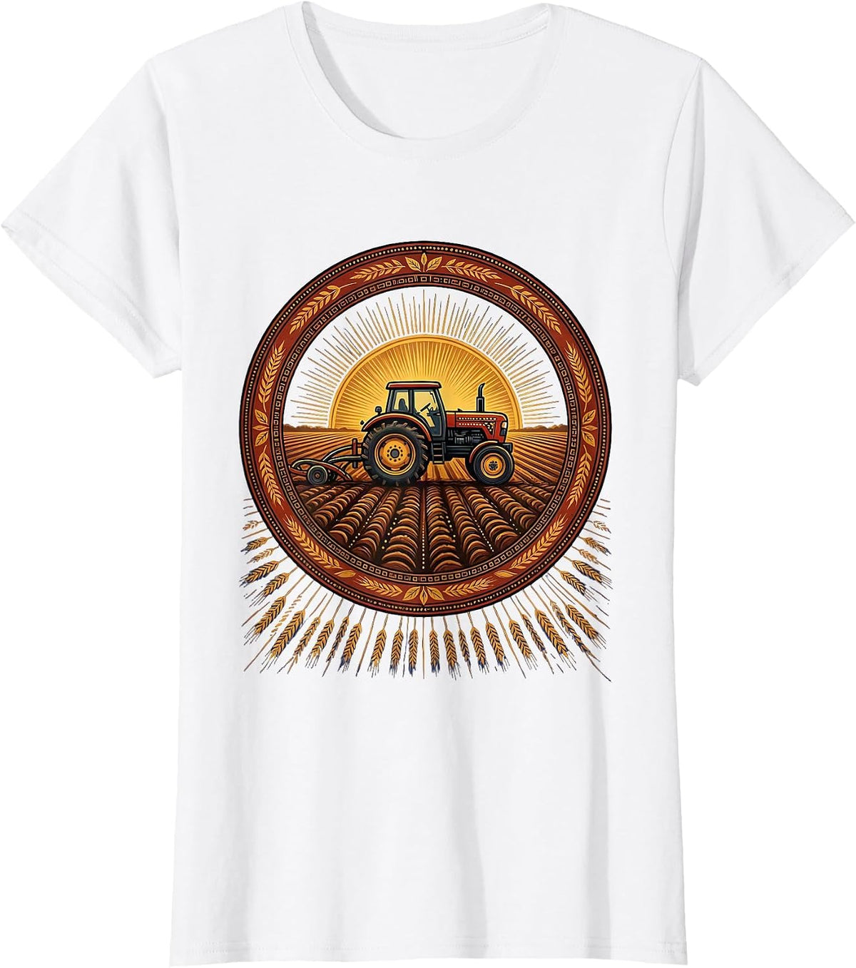 Tractor Plowing Field Open Blue Sky Illustration T-Shirt - White