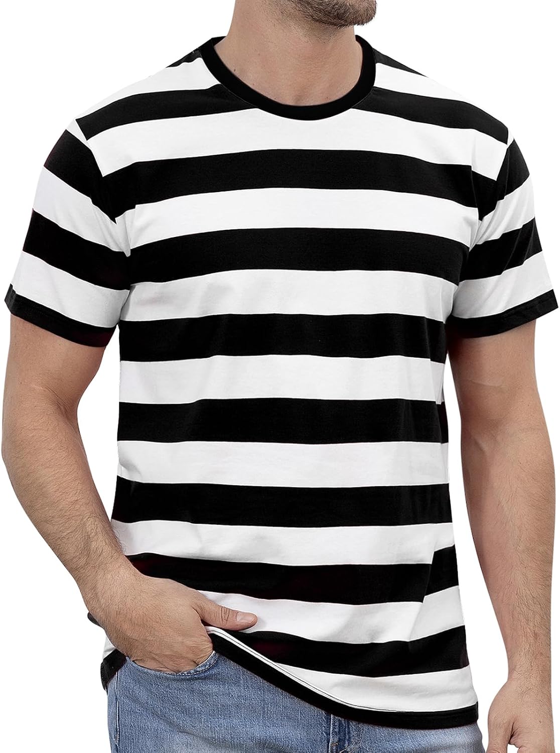 Funny World Men's Cotton Striped T-Shirt Crew Neck Short Sleeves Basic Casual Top - Black and White