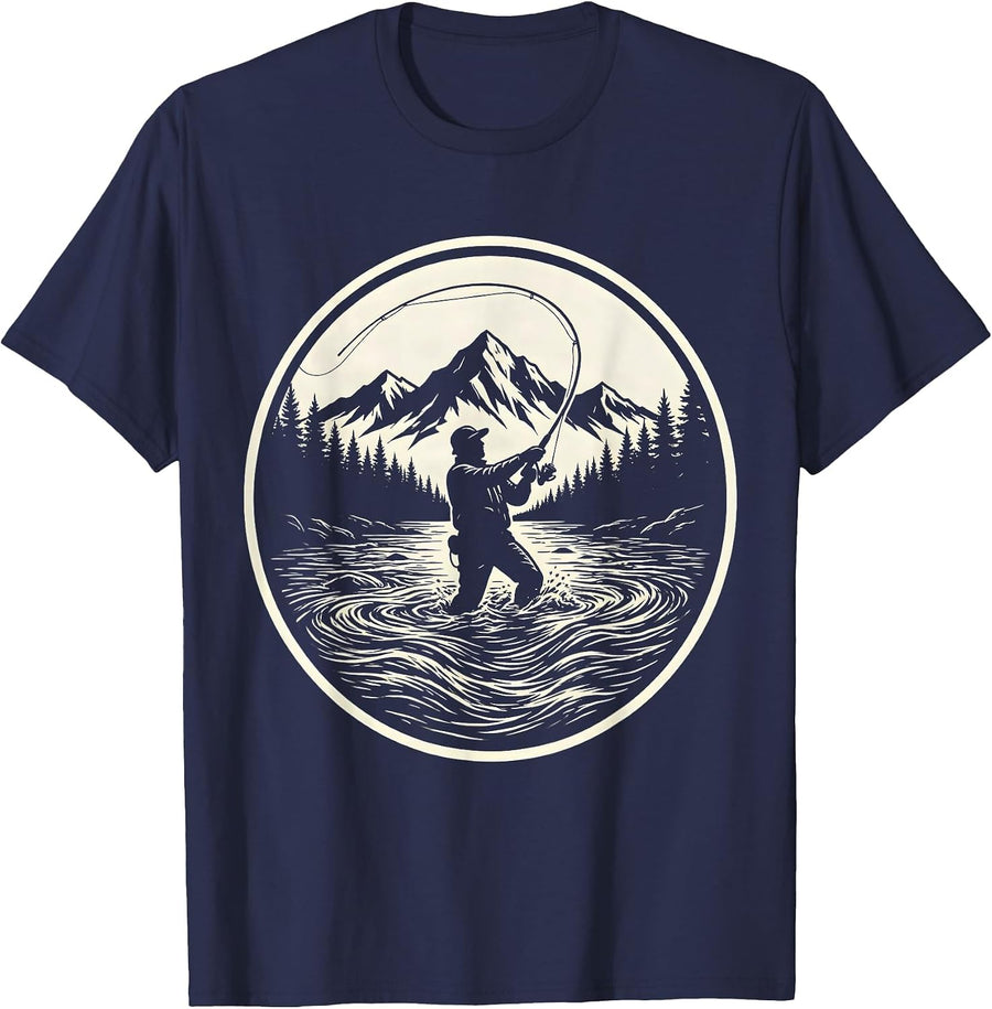 Fly Fisherman Wading River Graphic T-Shirt - Navy Blue