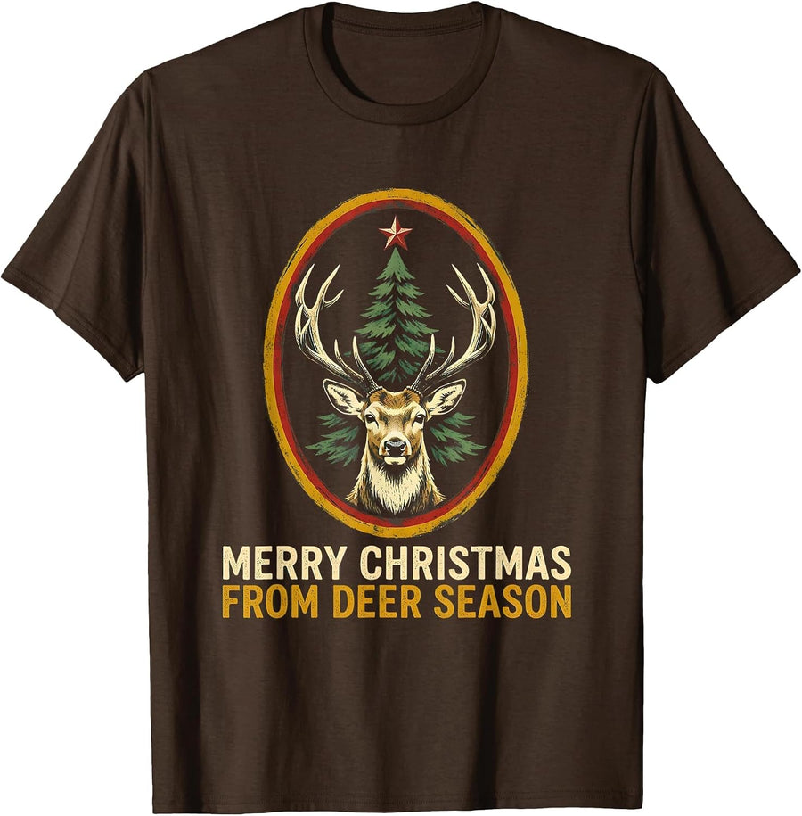 Men's Merry Christmas From Deer Season Funny Hunting Dad Christmas T-Shirt - Brown