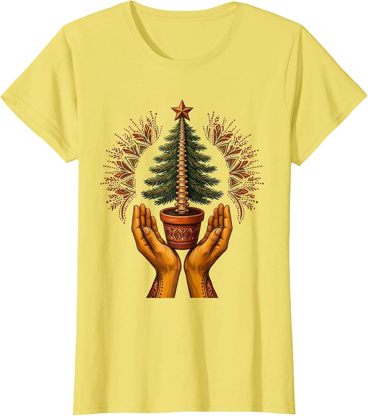 Women's Symmetrical Hands Offering Evergreen Folk Art Chiropractor T-Shirt - Lemon Yellow