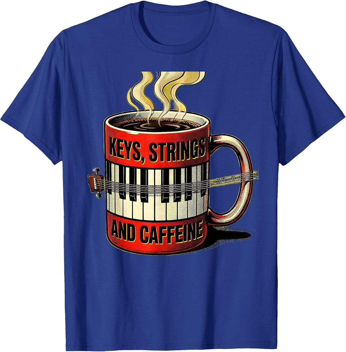 Men's Keys, Strings, and Caffeine Music Teacher Design T-Shirt - Royal Blue