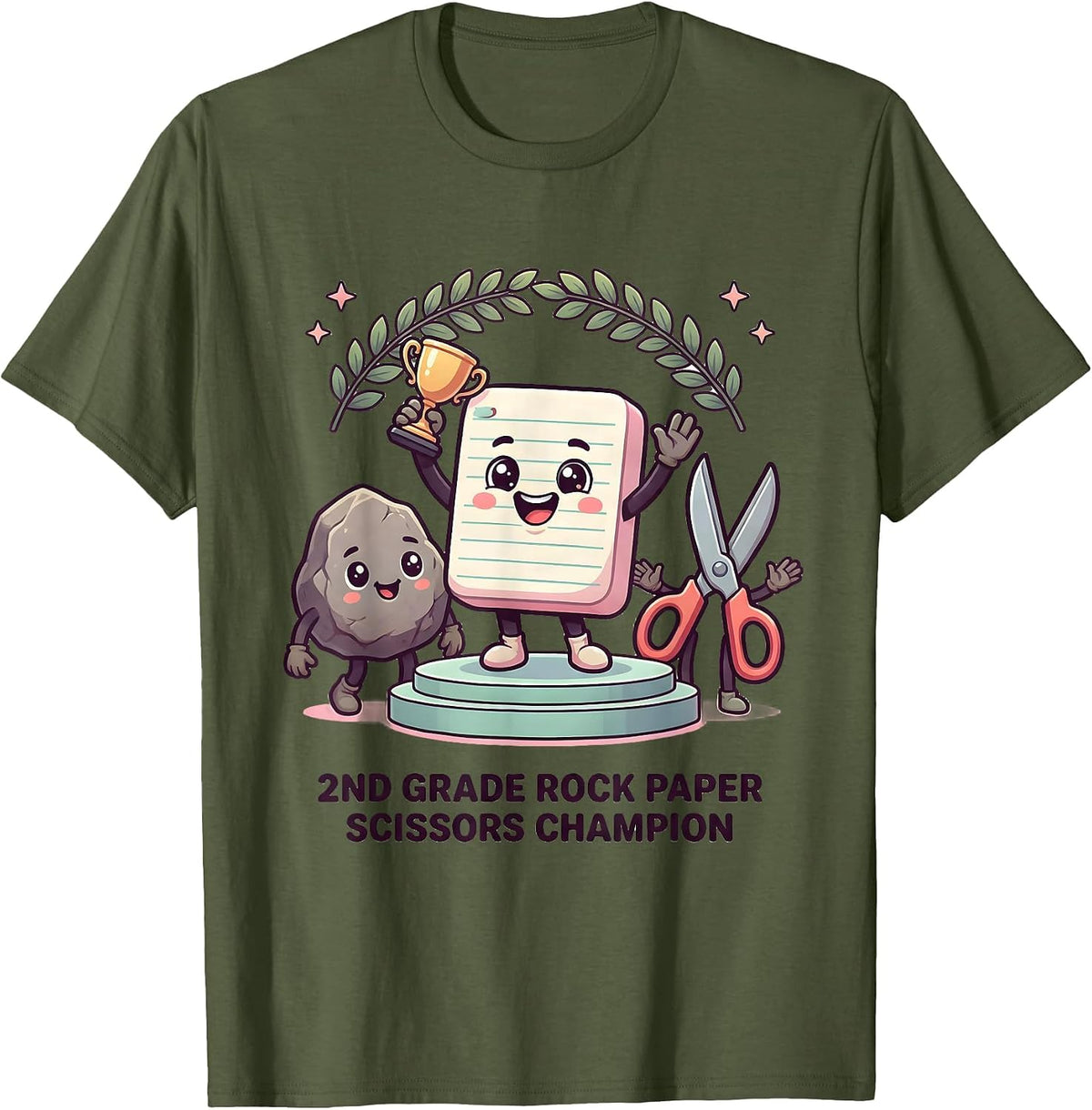 2nd Grade Rock Paper Scissors Champion Cute Kawaii Back T-Shirt, Men, Olive Green, Large - As Pictured