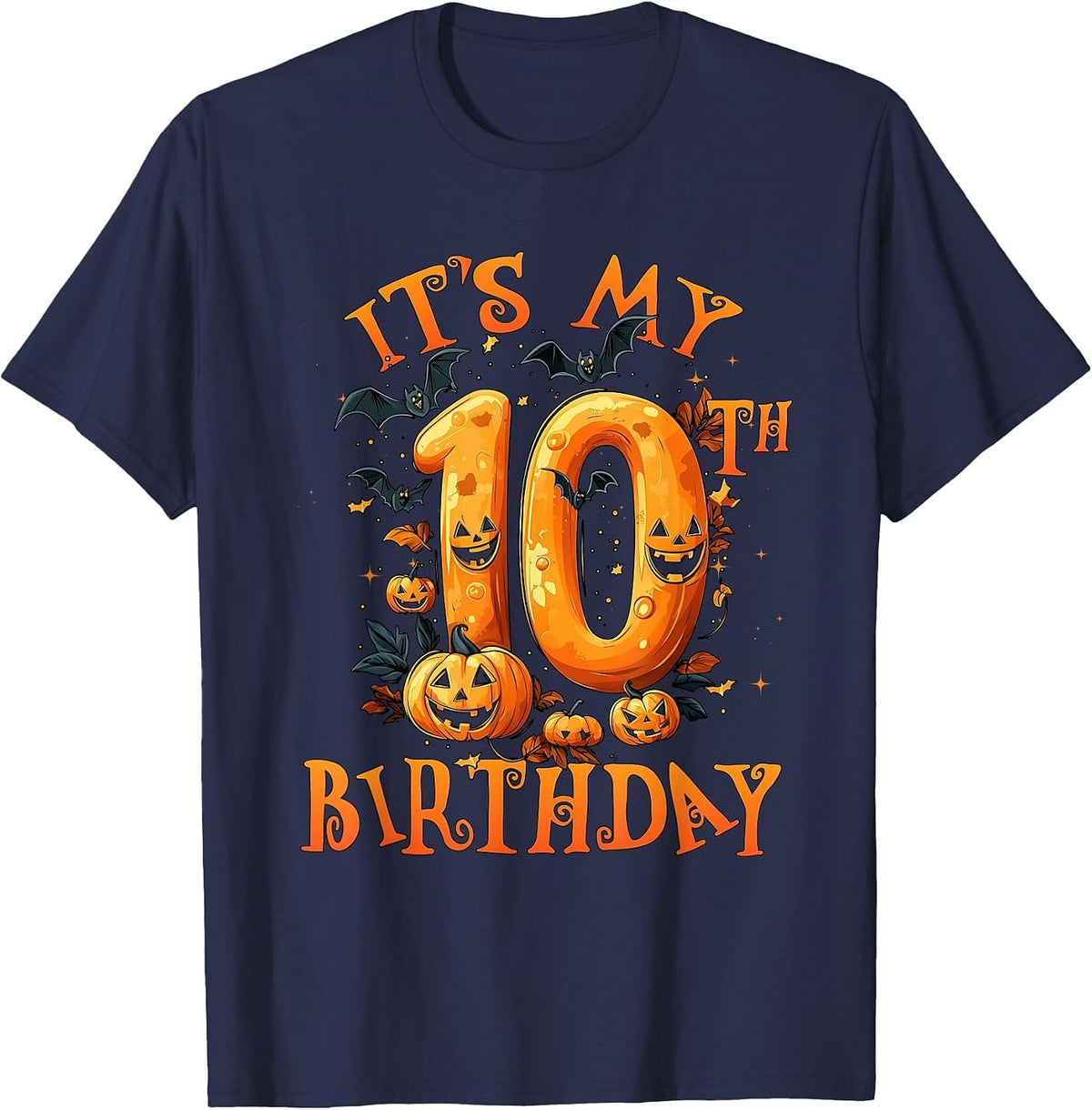 Boo It's My 10th Birthday Halloween Pumpkin 10 Years Old T-Shirt - Navy Blue