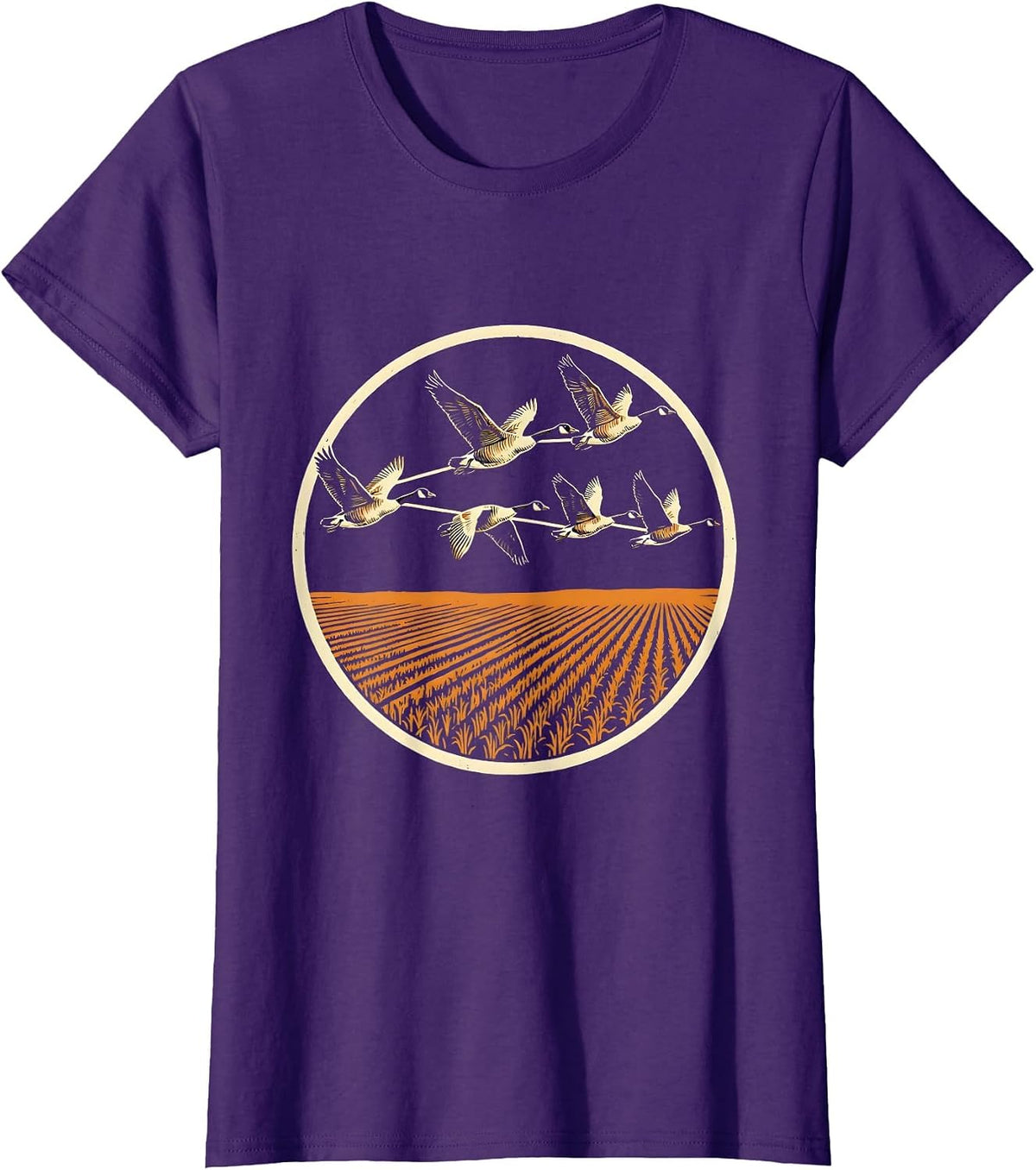 Women's Goose Flock Descending Over Harvested Cornfield T-Shirt - Purple