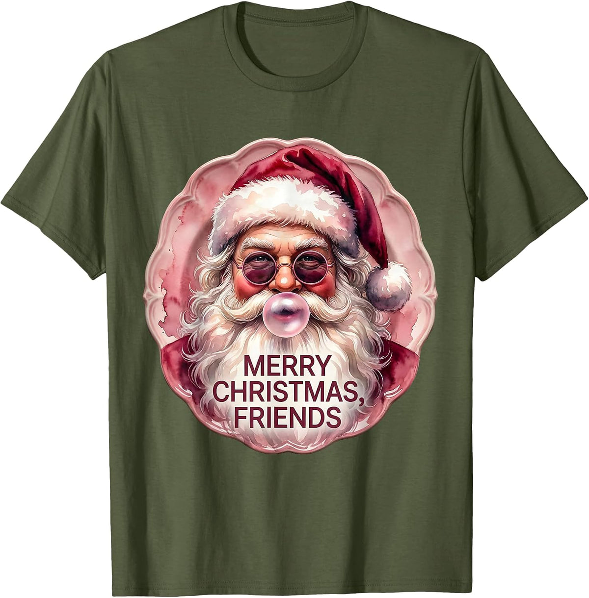 Men's Merry Christmas, Friends Watercolor Retro Pink Bubblegum T-Shirt - Olive Green