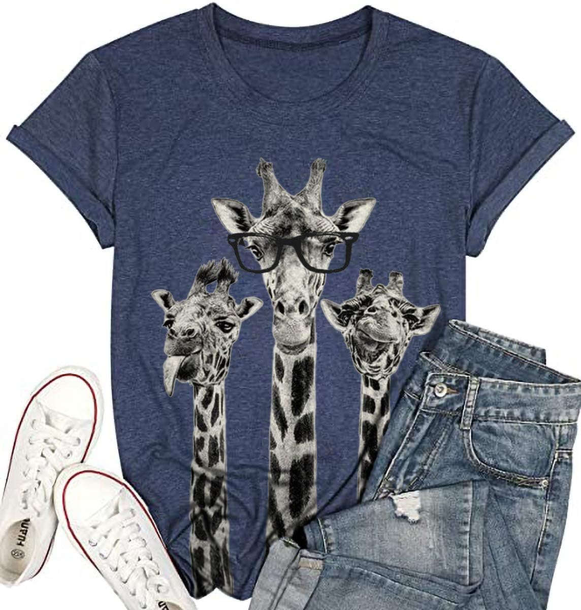 Beopjesk Womens Summer Giraffe Printed T-Shirt Funny Cute Animal Graphic Tees Tops - Navy