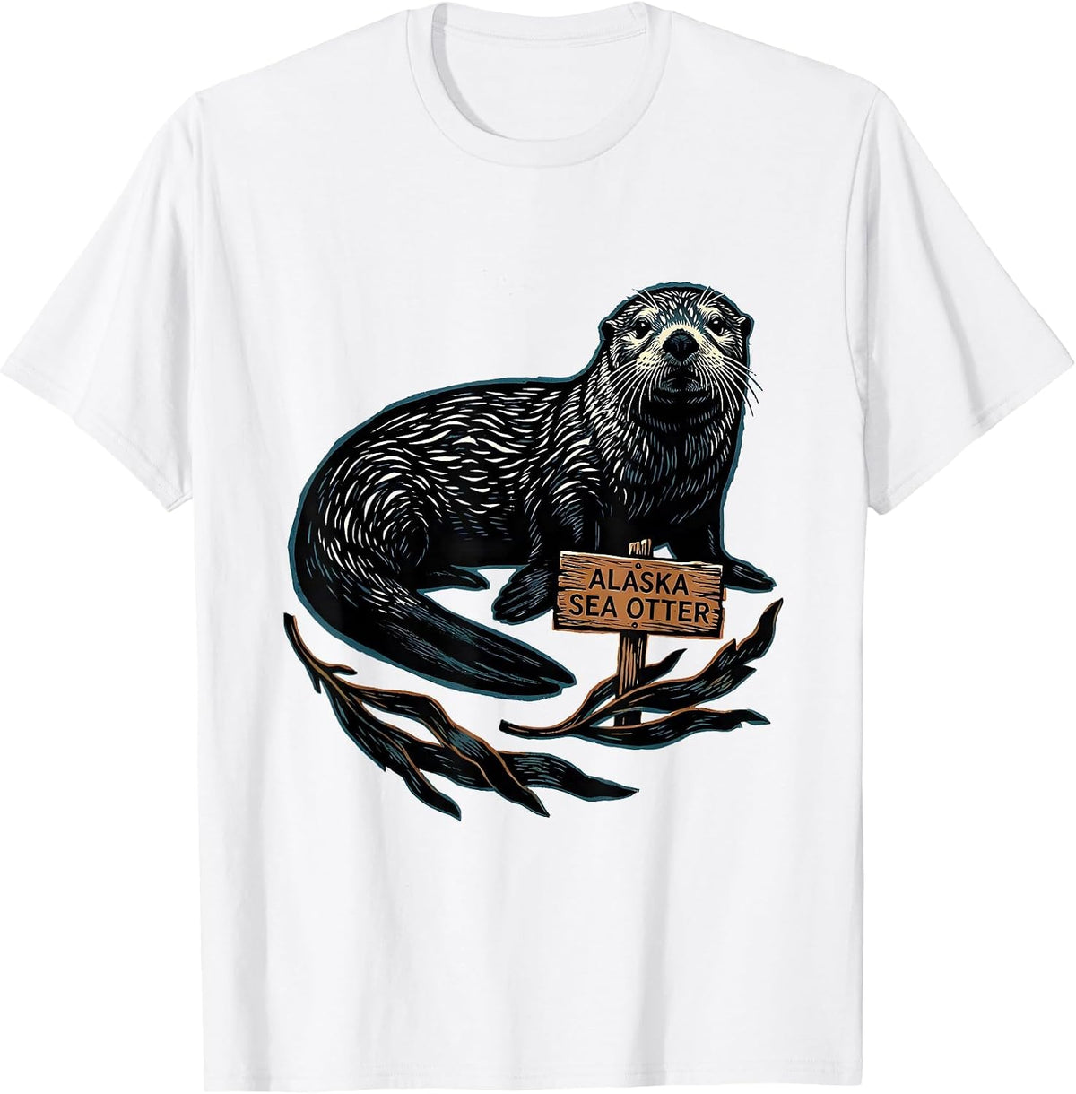 Men's Alaska Sea Otter Linocut Vintage State Pride Wildlife T-Shirt - White