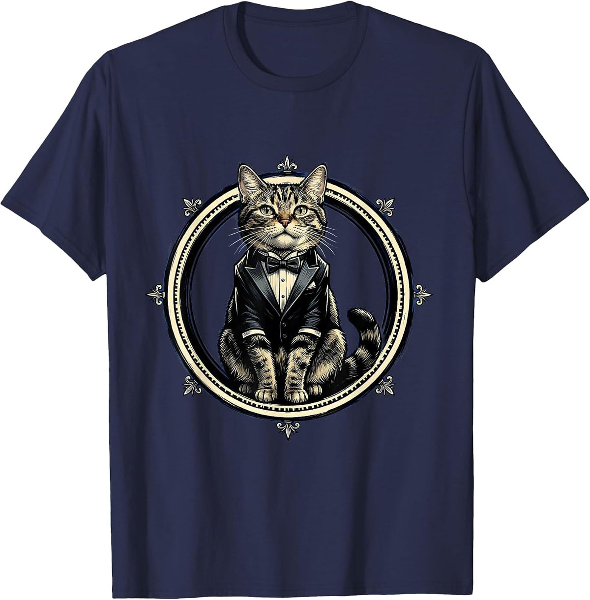 Dapper Cat in Miniature Tuxedo Illustration T-Shirt - Navy Blue