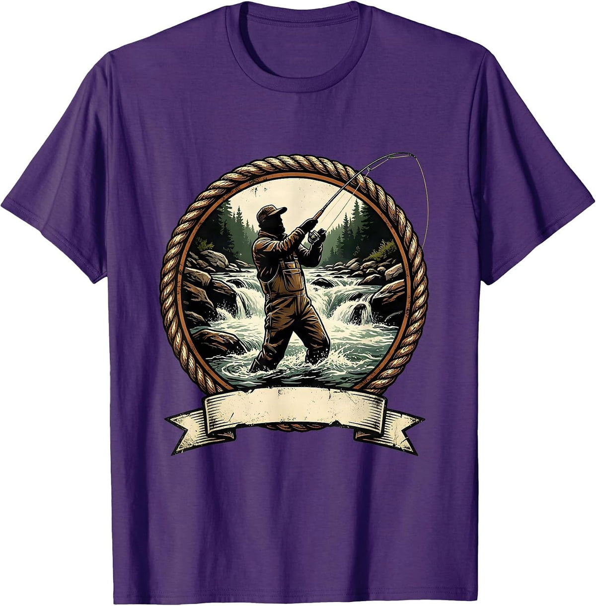 Fly Fishing Waders River Rapids Fisherman Graphic T-Shirt - Purple