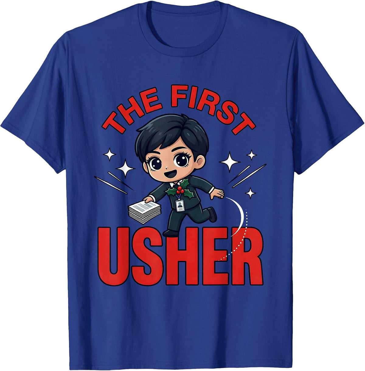Men's THE FIRST USHER Funny School Staff Christmas Cartoon T-Shirt - Royal Blue