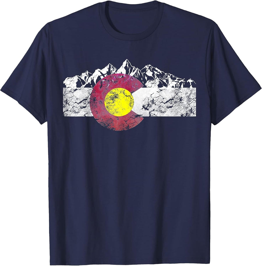 Retro Colorado State Flag Mountain Distressed Vintage Art T-Shirt - Navy Blue