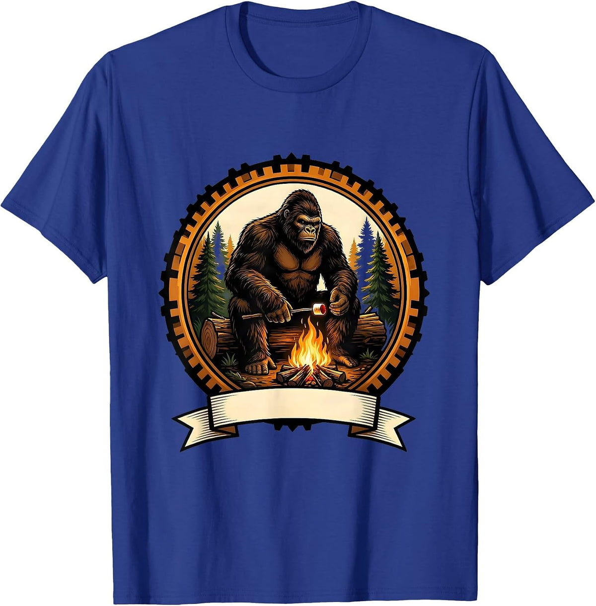 Sasquatch Roasting Marshmallow Campfire Design T-Shirt - Royal Blue