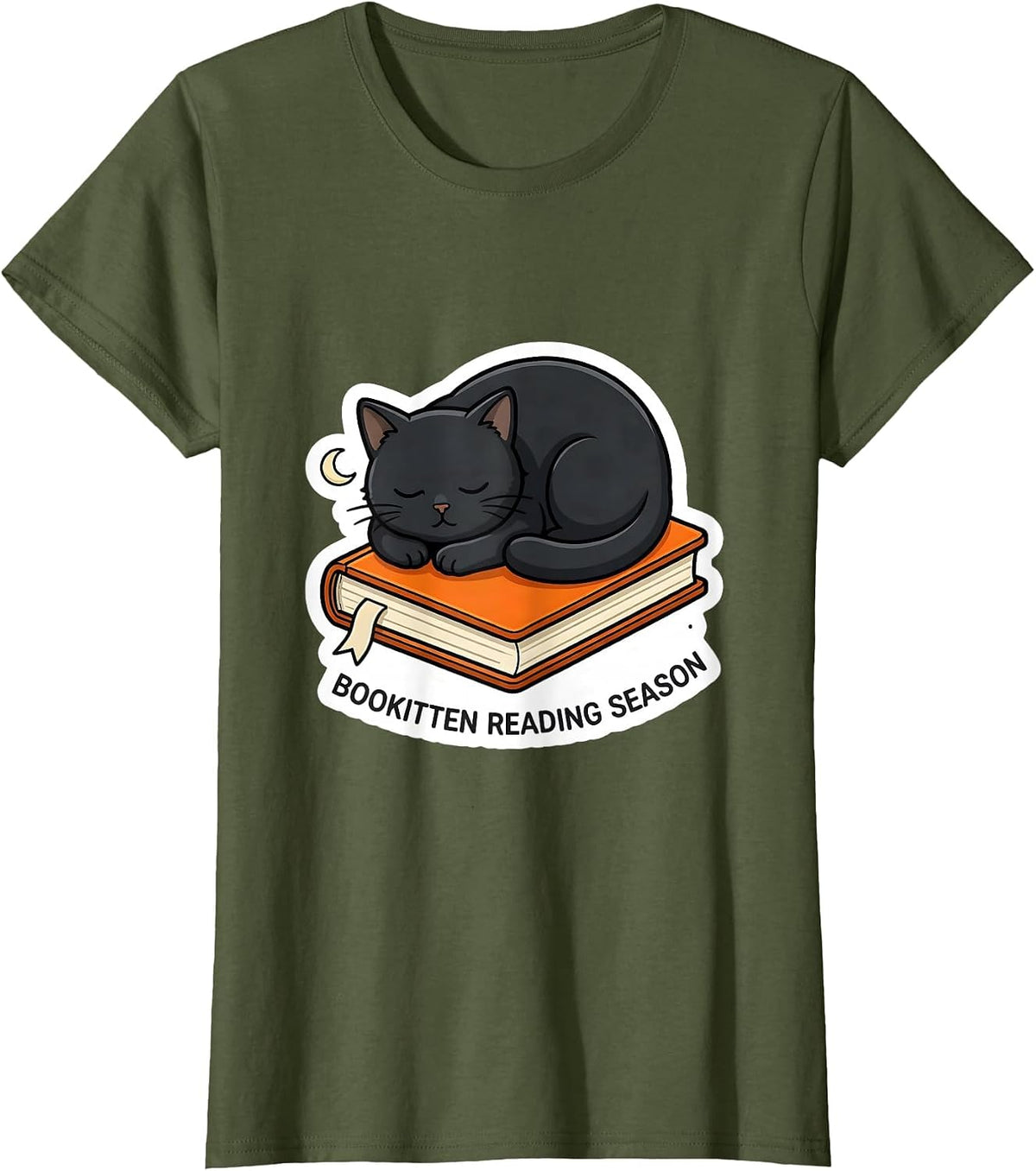 Women's Bookitten Reading Season Cute Teacher Book Lover Fall T-Shirt - Olive Green