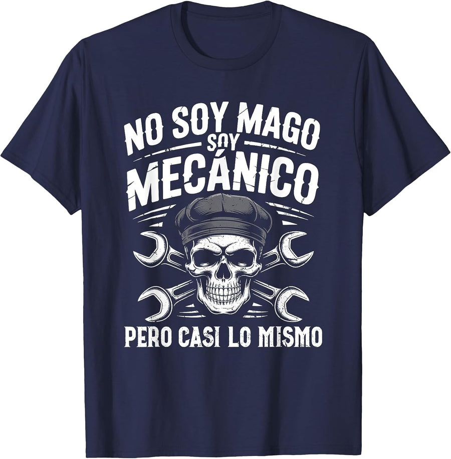 Mago y Mecánico Funny Car Mechanic Skull Spanish Vintage T-Shirt - Navy Blue