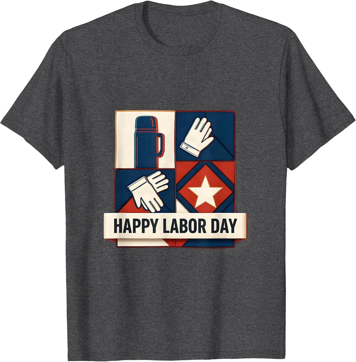 Men's Happy Labor Day Patriotic Americana Tribute Quilt Block T-Shirt - Dark Heather Grey