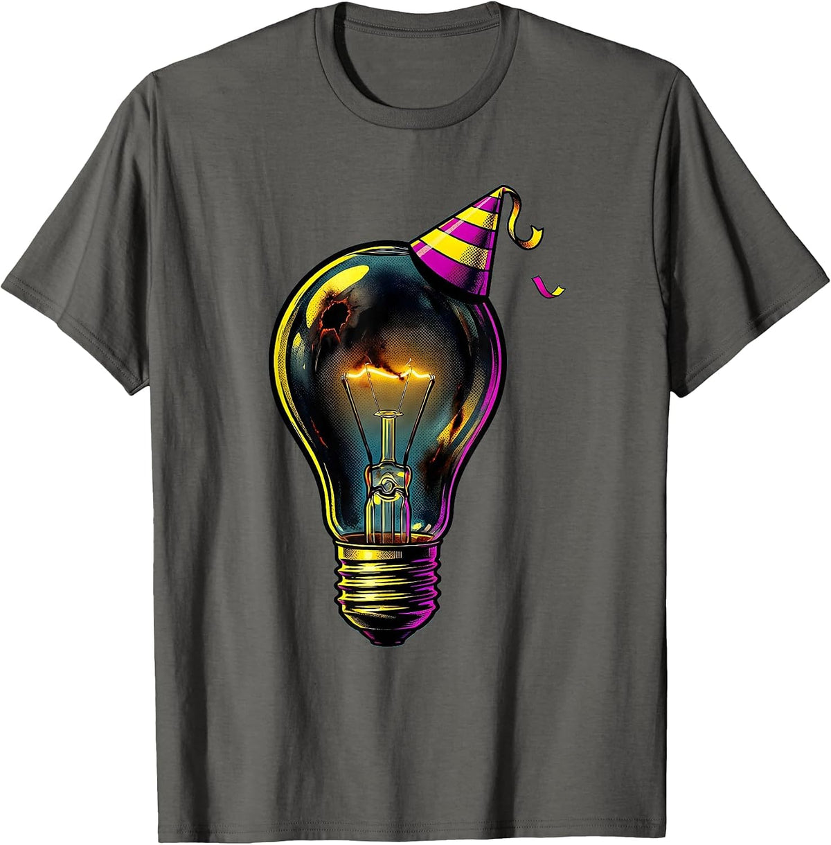 Labor Day Burnt Out Lightbulb Party Hat Tee T-Shirt - Asphalt Grey
