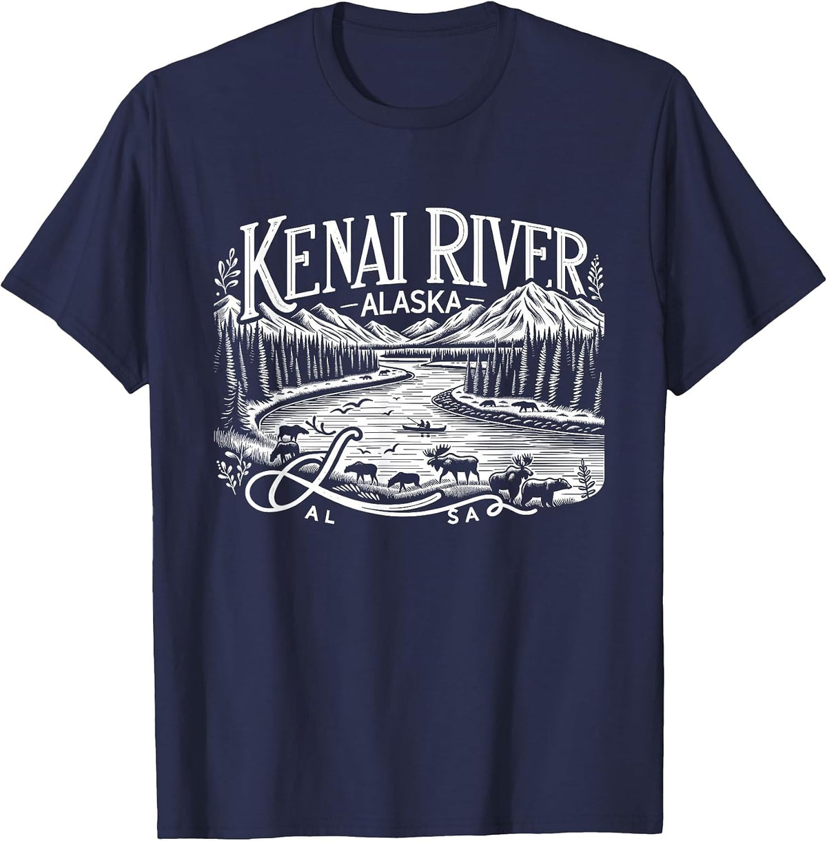 Kenai River Alaska AK Salmon Fishing Camping Hiking Retro T-Shirt - Navy Blue