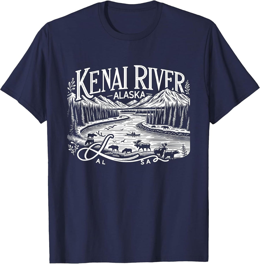 Kenai River Alaska AK Salmon Fishing Camping Hiking Retro T-Shirt - Navy Blue