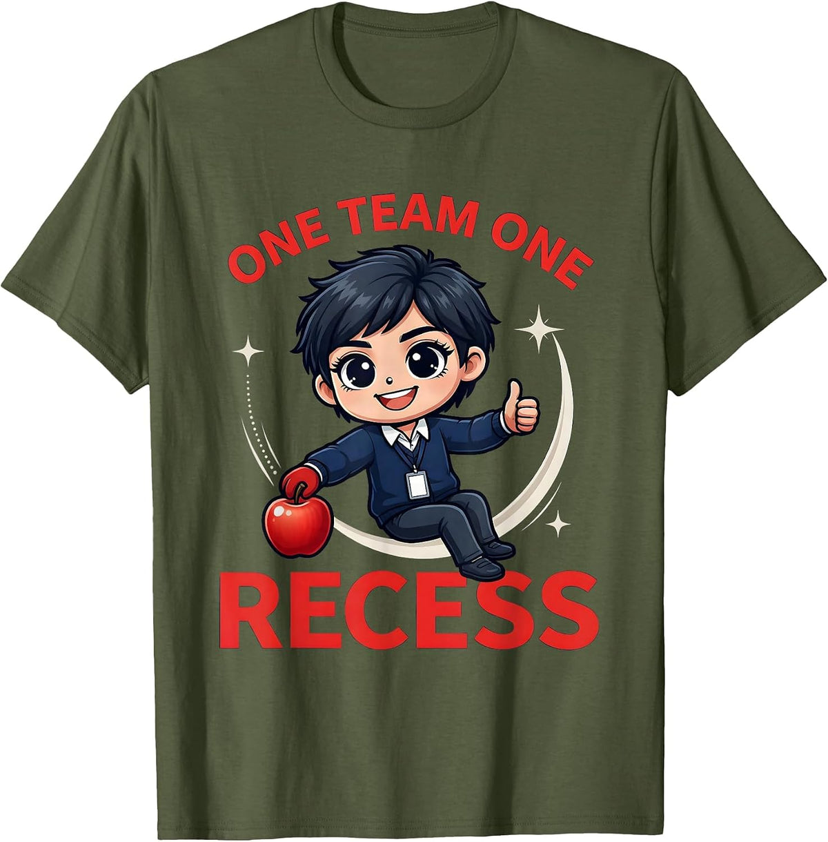 Men's ONE TEAM ONE RECESS Funny Teacher School Staff Gift T-Shirt - Olive Green