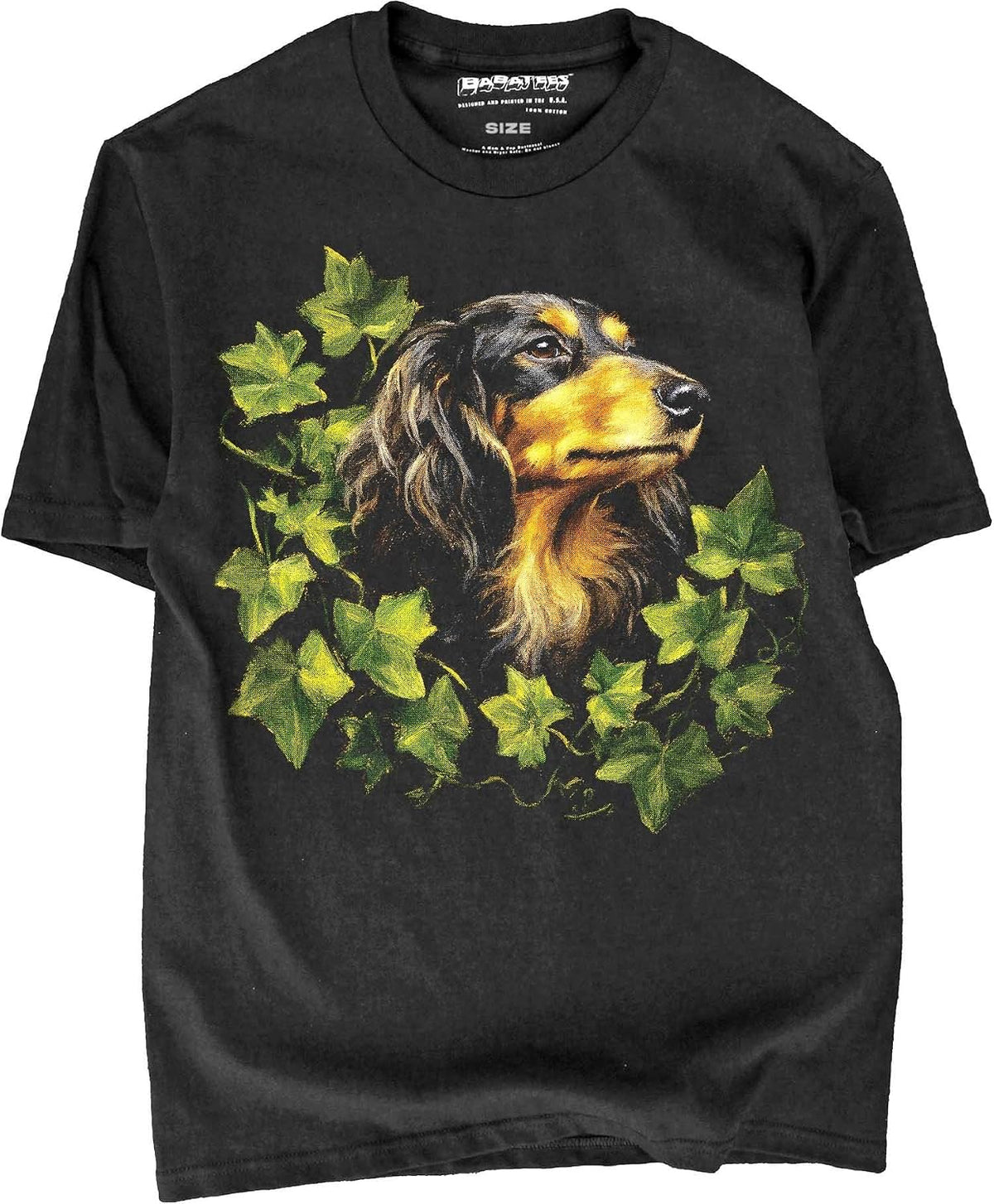 BABATEES Longhaired Dachshund - U.S.A. Brand Cotton Black Tshirt - Long-haired Dachshund D38