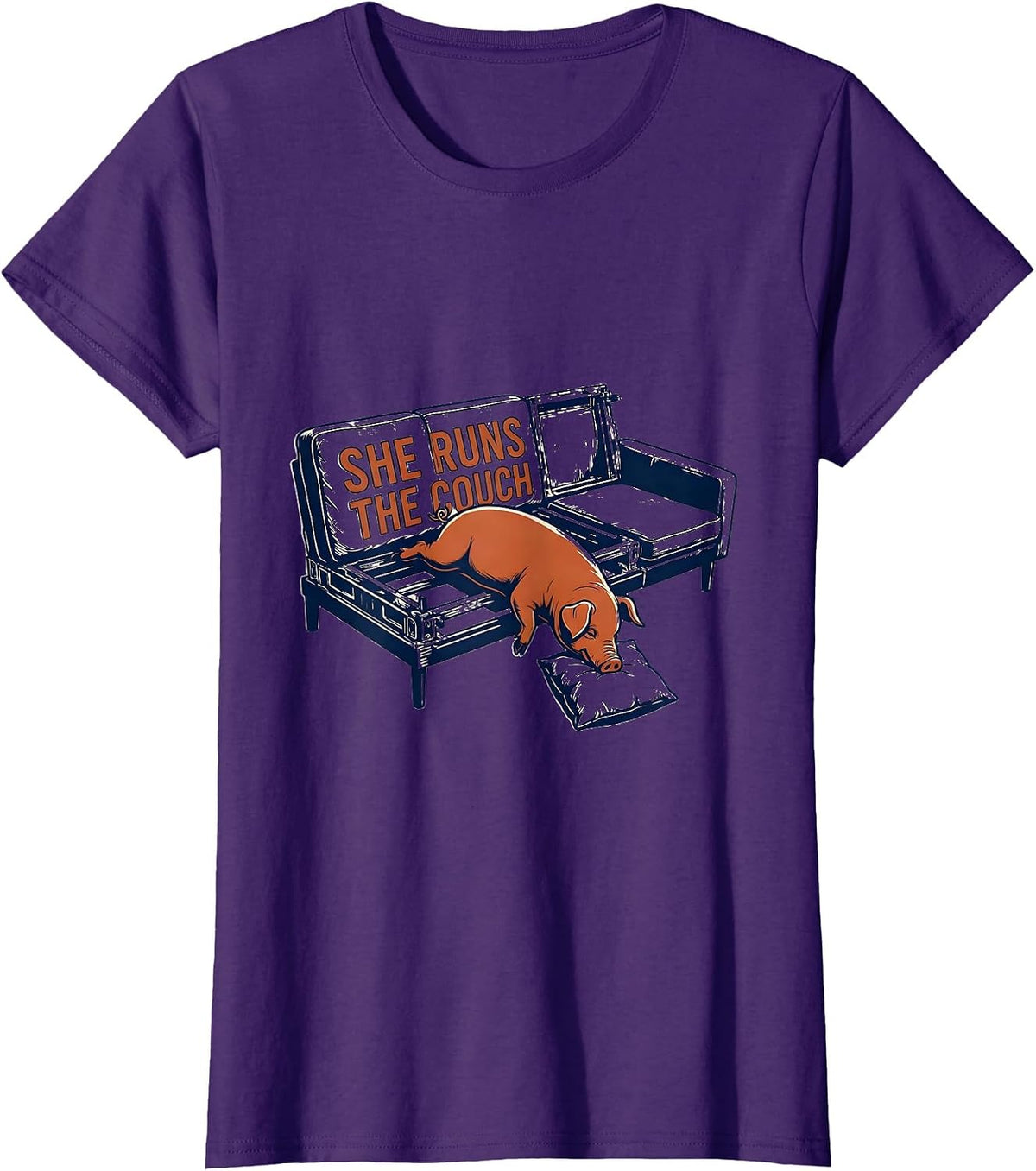 Women's She Runs The Couch Funny Pig Lover Farm Animal Humor T-Shirt - Purple