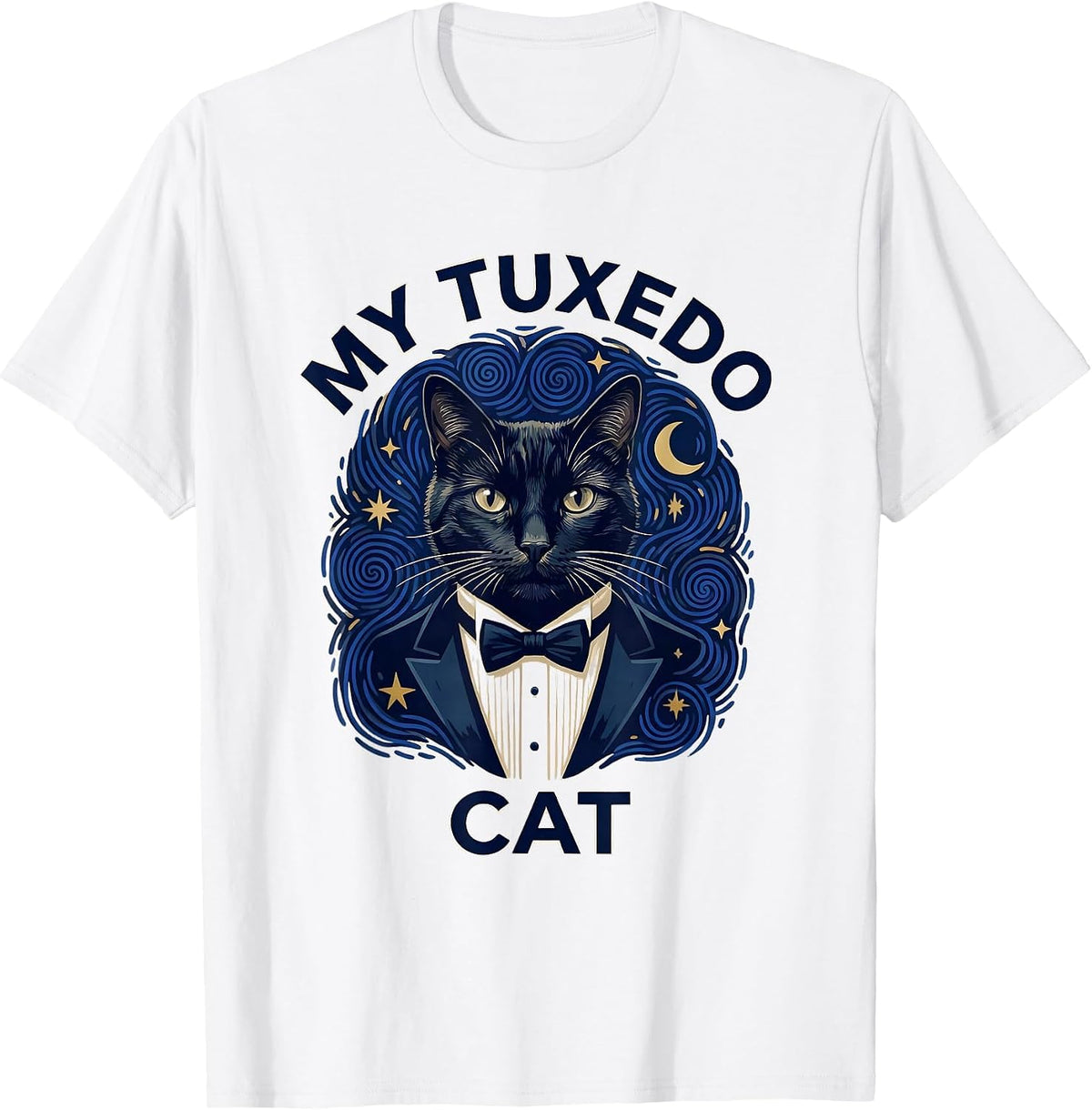 Men's My Tuxedo Cat Artistic Van Gogh Starry Night Pet Portrait T-Shirt - White
