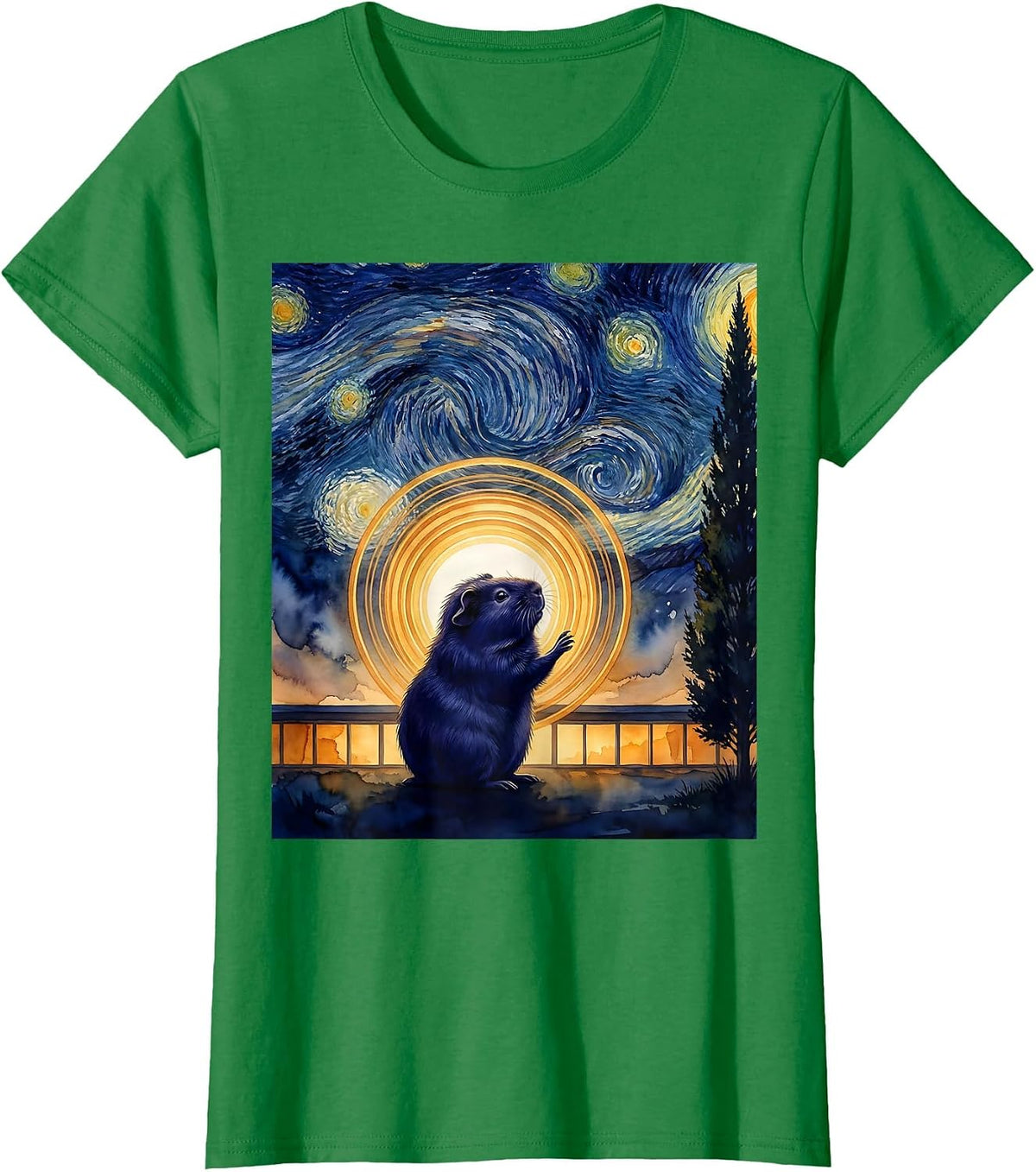 Guinea Pig Starry Night Van Gogh Art Lover Gift T-Shirt - Kelly Green