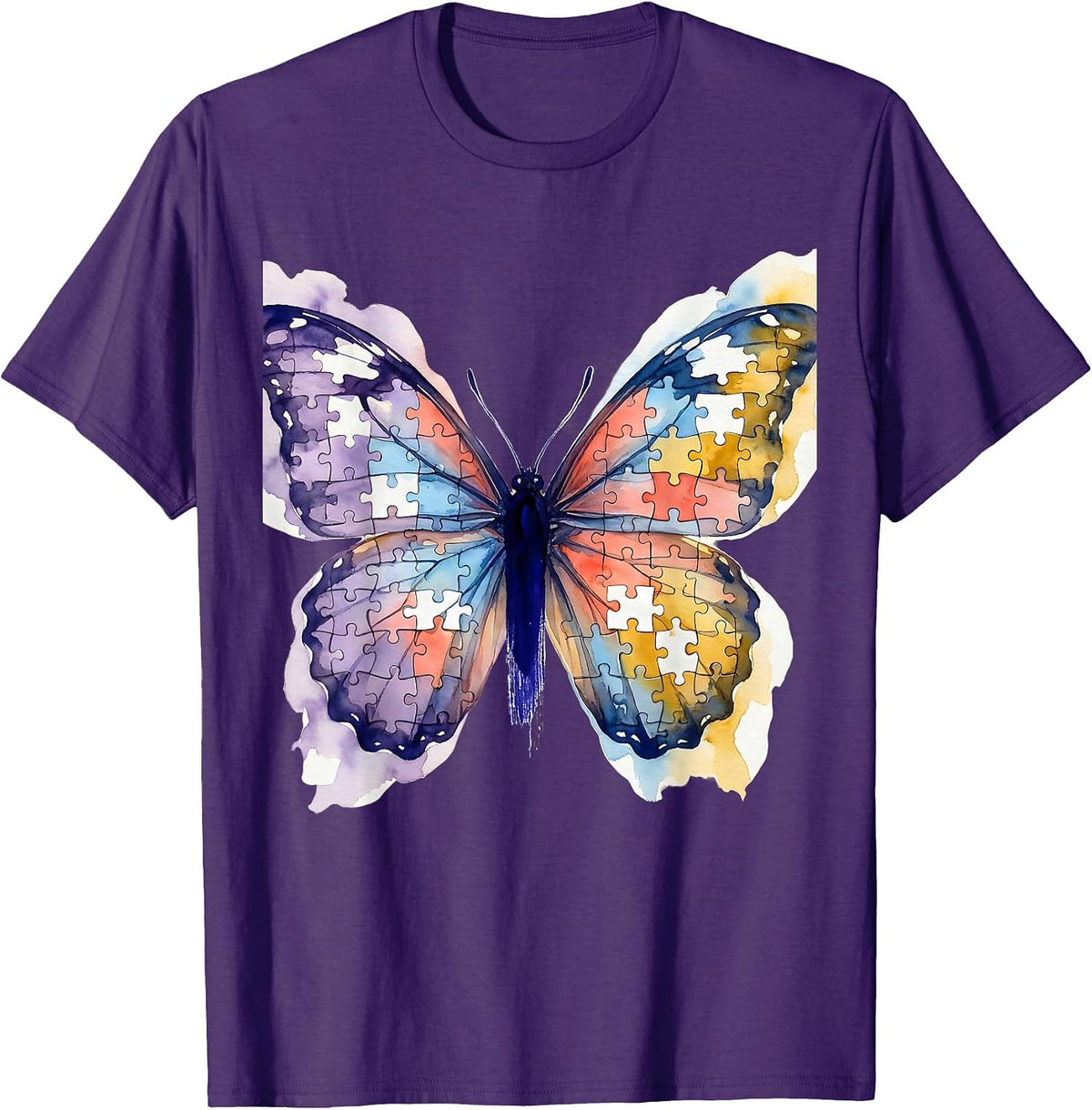 Colorful Puzzle Piece Butterfly Autism Awareness T-Shirt - Purple