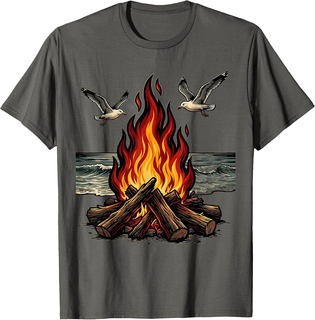 Driftwood Campfire Empty Beach Freedom Design T-Shirt - Asphalt Grey