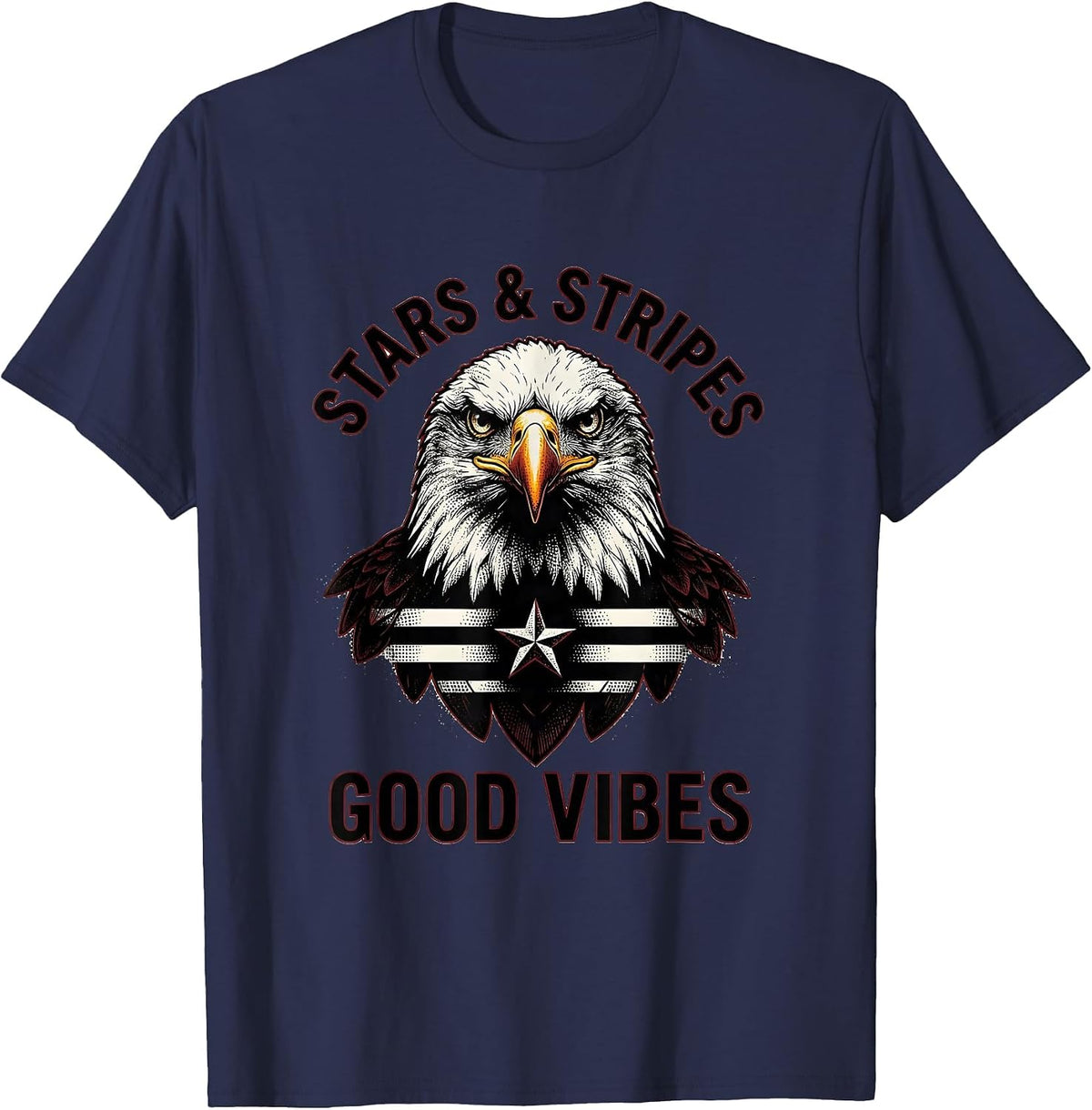 Stars Stripes Good Vibes Red White Blue Design T-Shirt - Navy Blue