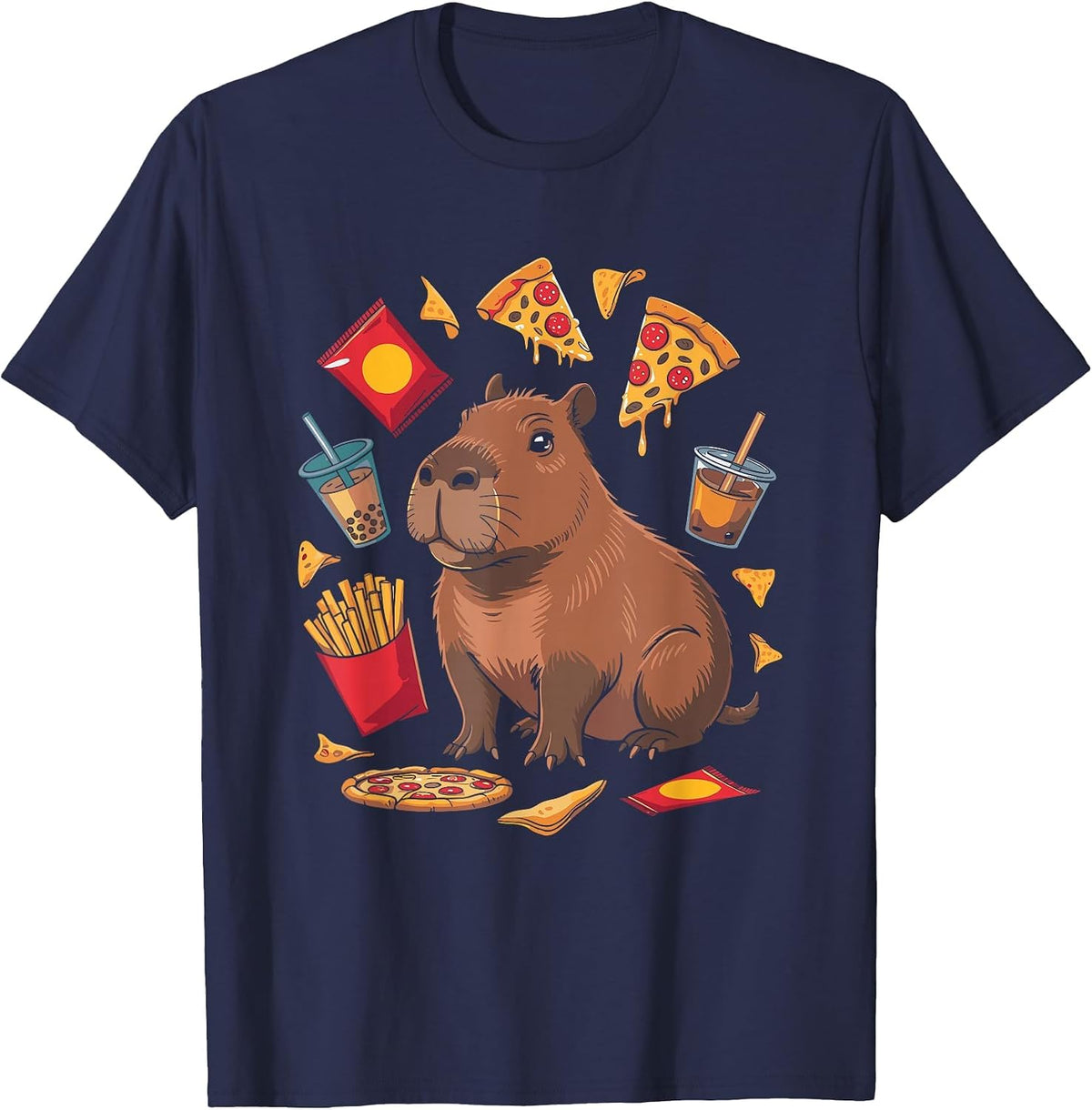 Bubble Tea Pizza Snack Lover Capybara T-Shirt - Navy Blue