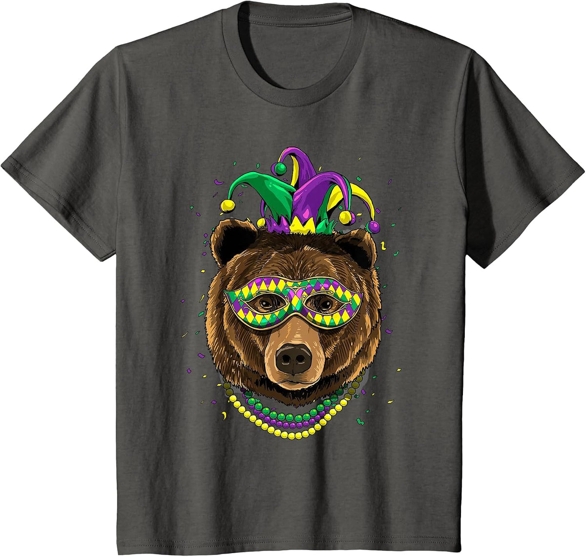 Bear Animal Lover Cute Mardi Gras Carnival Jester T-Shirt, Youth, Asphalt Grey, Large - As Pictured