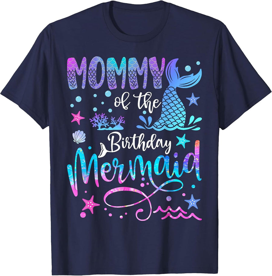 Mommy of The Birthday Mermaid Matching 1st Birthday Girl T-Shirt Tee for Mom - Navy Blue