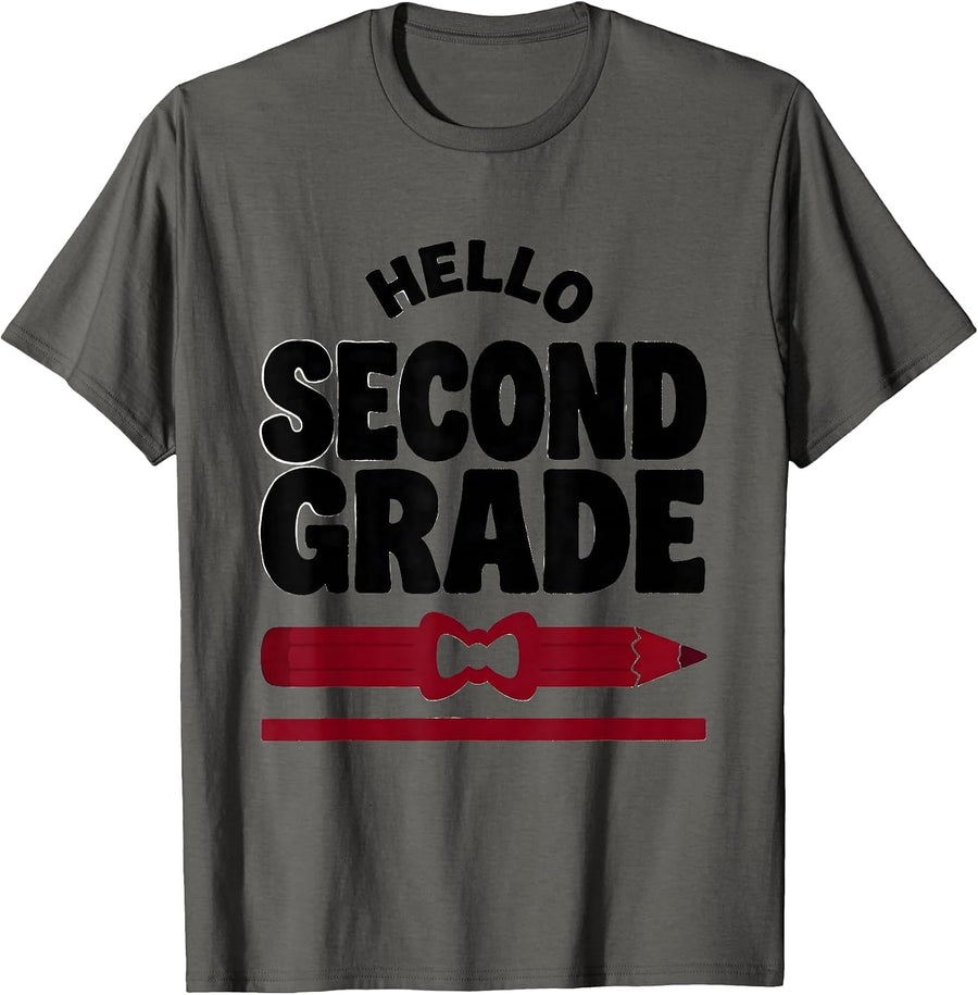 Hello, Second Grade Cute Coquette Bow Back to School Pencil T-Shirt - Asphalt Grey