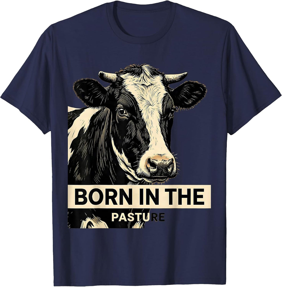 Men's Born in the Pasture Cow Print Design T-Shirt - Navy Blue