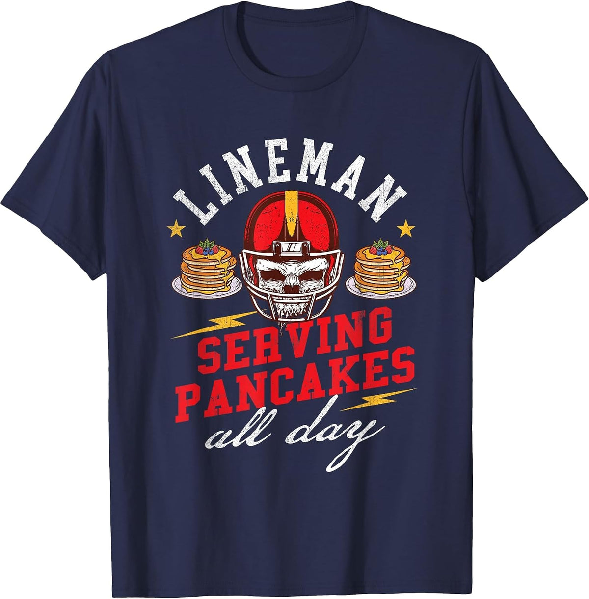 Lineman Serving Pancakes All Day - Football Player Sports T-Shirt - Navy Blue