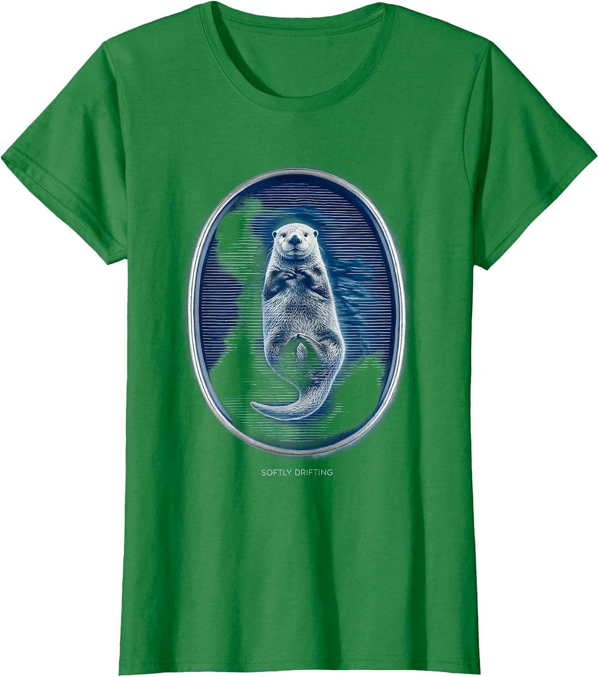 Softly Drifting Cyanotype Sea Otter Animal Lover Humor T-Shirt - Kelly Green