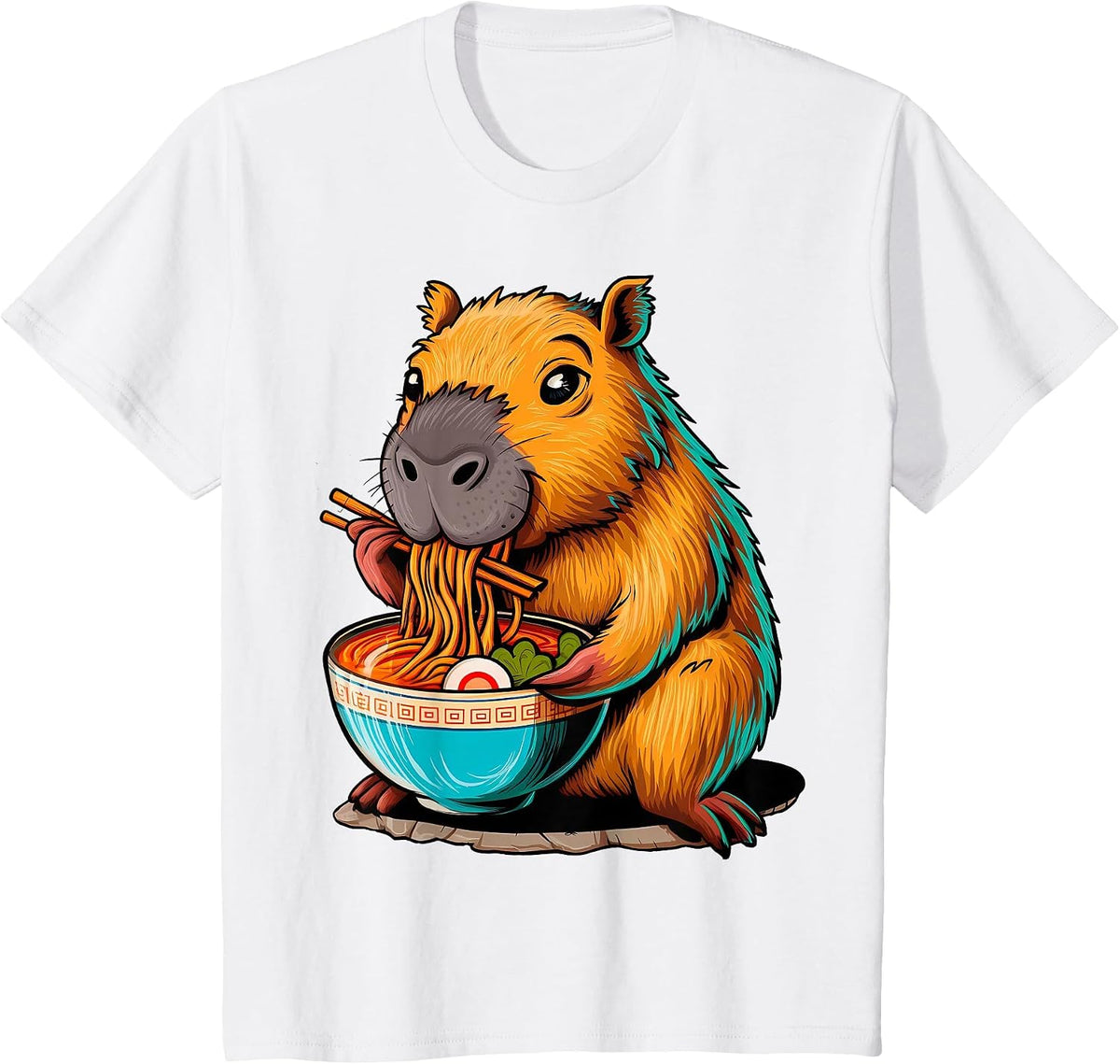 Cute Kawaii Capybara Eating Japanese Ramen Noodles Anime T-Shirt - White