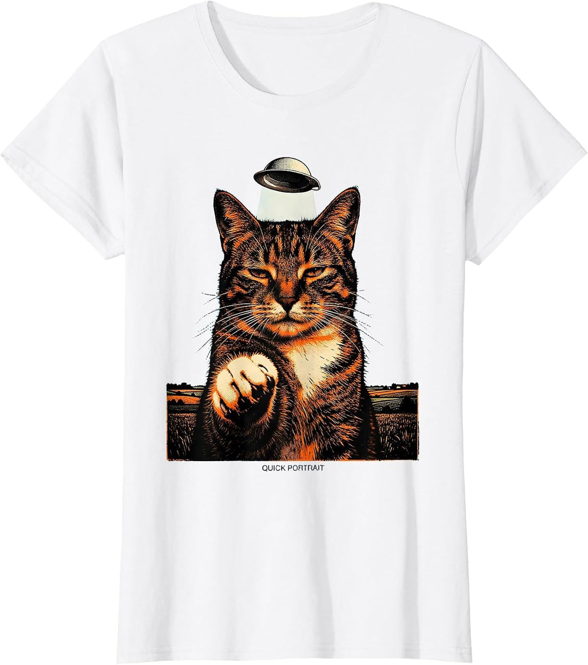 Quick Portrait Funny Cat UFO Alien Abduction Cat Lover Gift T-Shirt - White