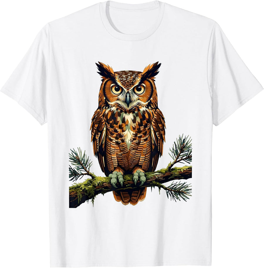 Men's Owl on Mossy Branch Camping Nature Illustration T-Shirt - White