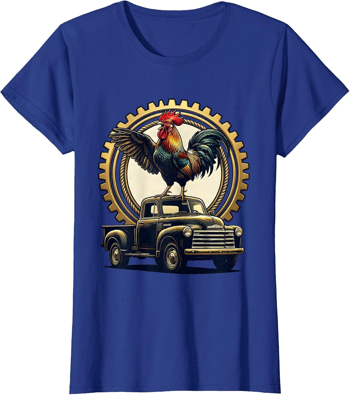Women's Rooster Crowing Atop Old Pickup Truck T-Shirt - Royal Blue
